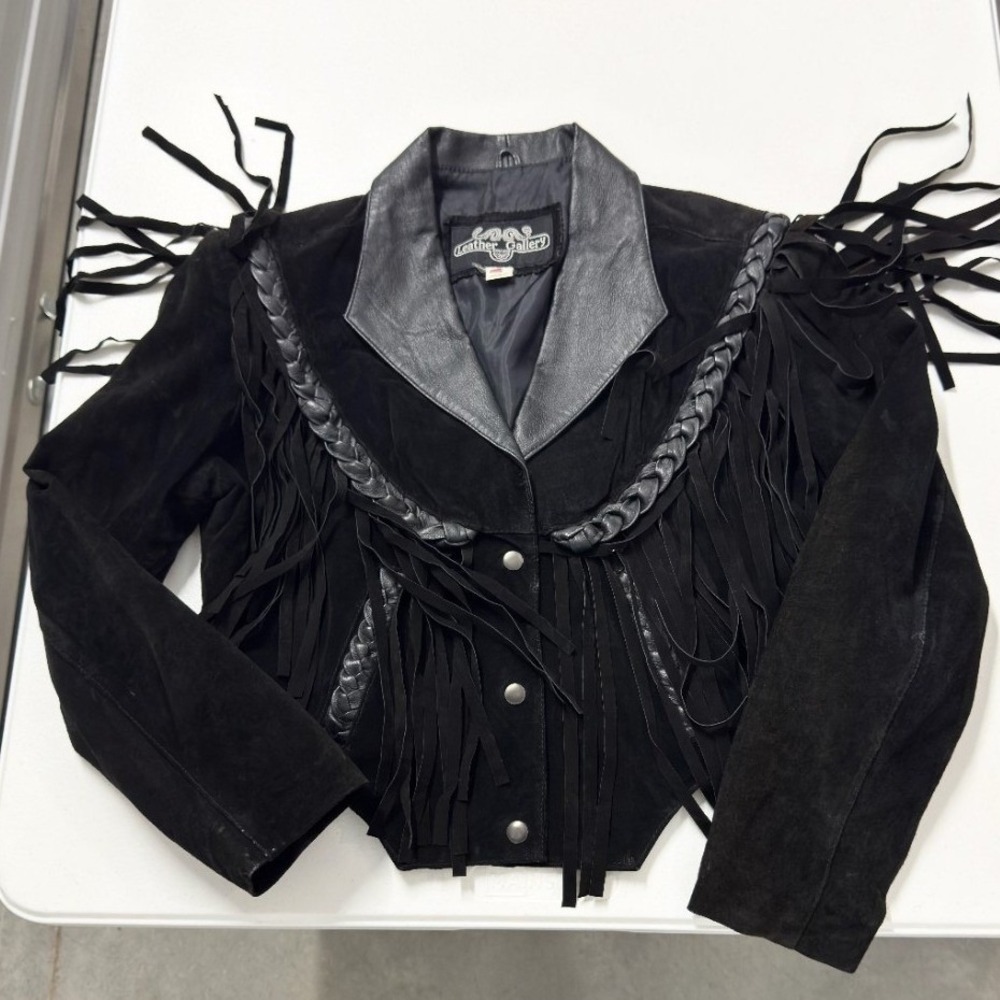 Cripple Creek Vintage Black Suede Leather Fringe Western Jacket Cropped Womens L